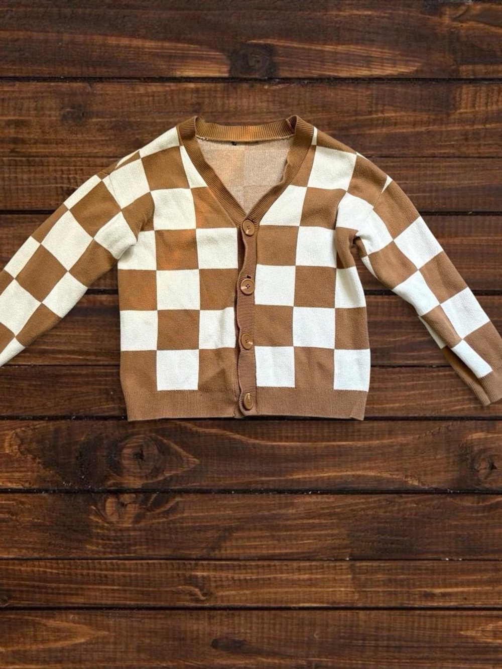 Checkerboard Knit Cardigan Sweater - Brown & White